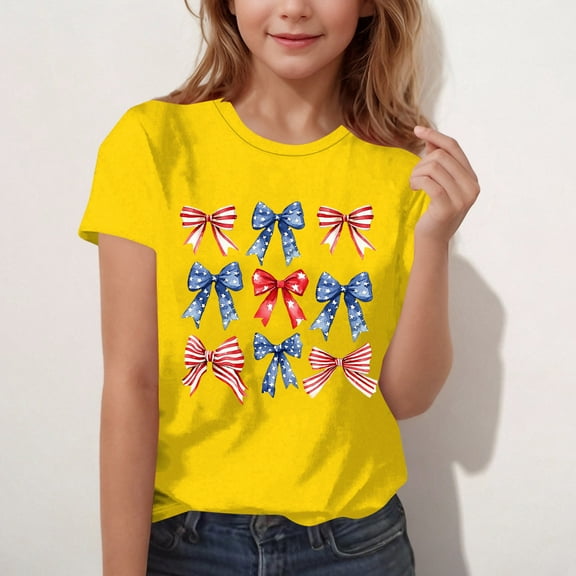 BLTIBY 2025 Girls Boys Short Sleeve Top Child Kids Summer Independence Day Printed Round Neck Shirts Toddler Infant Fashion Casual Loose Pullover Blouse Yellow 11-12Years