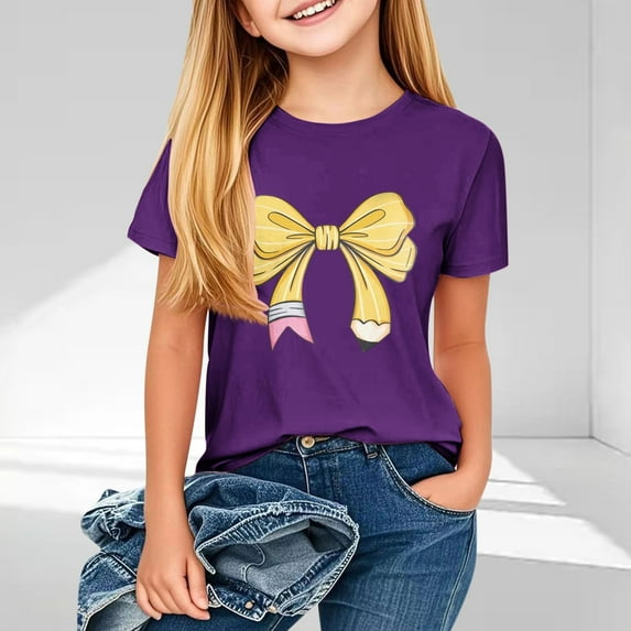 BLTIBY 2025 Girls Boys Summer Short Sleeve Top Child Kid Round Neck Bow Printed Shirts Infant Toddler Fashion Casual Loose Pullover Blouses Purple 13-14 Years