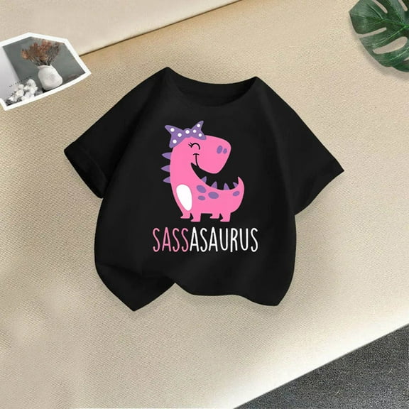 BLTIBY 2025 Girls Boys Summer Short Sleeve Top Child Kid Round Neck Printed Cotton Shirts Infant Toddler Fashion Casual Loose Pullover Blouse Black 4-6 Years