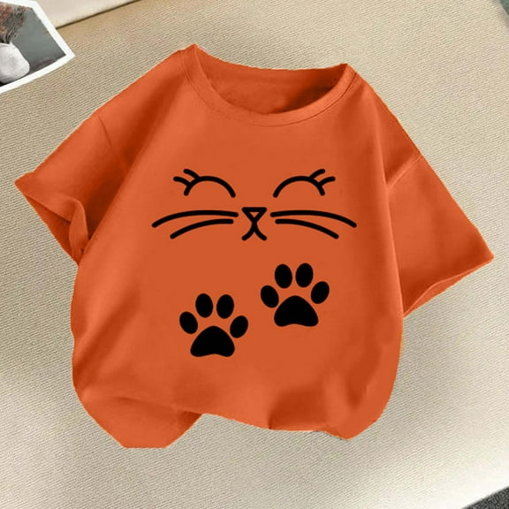 BLTIBY 2025 Girls Boys Summer Short Sleeve Top Child Kid Round Neck Printed Cotton Shirts Infant Toddler Fashion Casual Loose Pullover Blouses Orange 8-10 Years