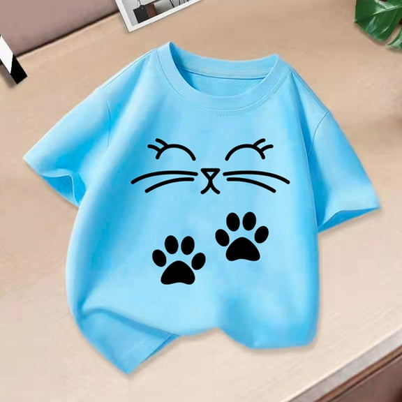 BLTIBY 2025 Girls Boys Summer Short Sleeve Top Child Kid Round Neck Printed Cotton Shirts Infant Toddler Fashion Casual Loose Pullover Blouses Sky Blue 12-14 Years