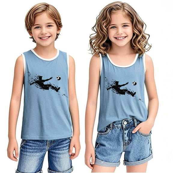 BLTIBY 2025 Girls Boys Tank Top Summer Sleeveless Funny T Shirt for Teen Infant Toddler Printed Round Neck Fashion Casual Tee Blouse Light Blue 14-15 Years