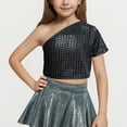thumbnail image 1 of BLTIBY 2025 Girls Sequin T Shirts Solid Color Summer Short Sleeve One Shoulder Dance Costume Kids Performance Outfit with Exposed Waist and Navel Top Black 4-5 Years, 1 of 4