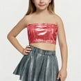 thumbnail image 1 of BLTIBY 2025 Girls Sequin T Shirts Solid Color Summer Sleeveless Dance Costume Kids Performance Outfit with Exposed Waist and Navel Top Red 9-10 Years, 1 of 3