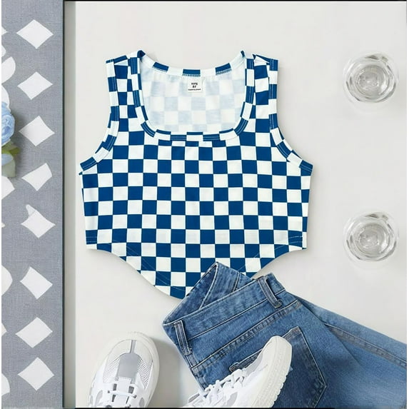 BLTIBY 2025 Girls Tank Top Summer Sleeveless Funny Vest T Shirt for Teen Toddler Infant Round Neck Checkerboard Print Fashion Casual Blouse Blue 2 10-11 Years