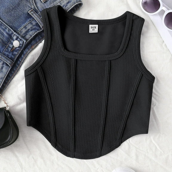 BLTIBY 2025 Girls Tank Top Summer Sleeveless Funny Vest T Shirt for Teen Toddler Infant Square Neck Solid Color Fashion Casual Blouse Black 13-14 Years