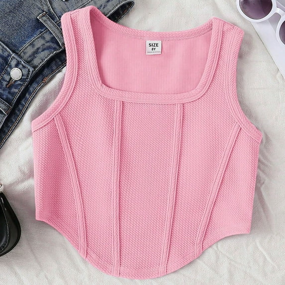 BLTIBY 2025 Girls Tank Top Summer Sleeveless Funny Vest T Shirt for Teen Toddler Infant Square Neck Solid Color Fashion Casual Blouse Pink 13-14 Years