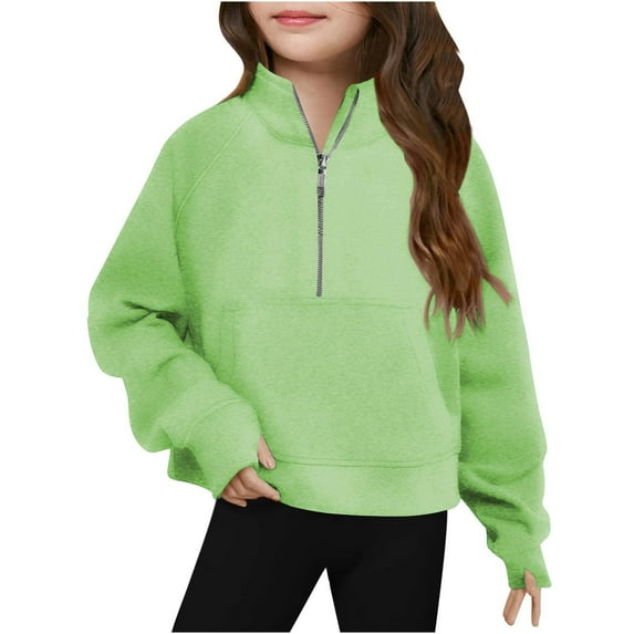 BLTIBY 2025 Girls Todder Half Zip Sweatshirt Winter Fall Solid Color Long Sleeve Pullover Crop Tops Kids Lightweight Fashion Clothes Green 11-12 Years