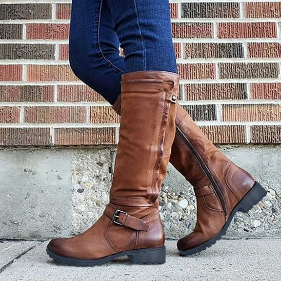 BLTIBY 2025 Long Boots for Women Pointed Toe Fall Faux Leather Low Heel Boots Fashion Comfortable Shoes with Side Zipper Brown 42