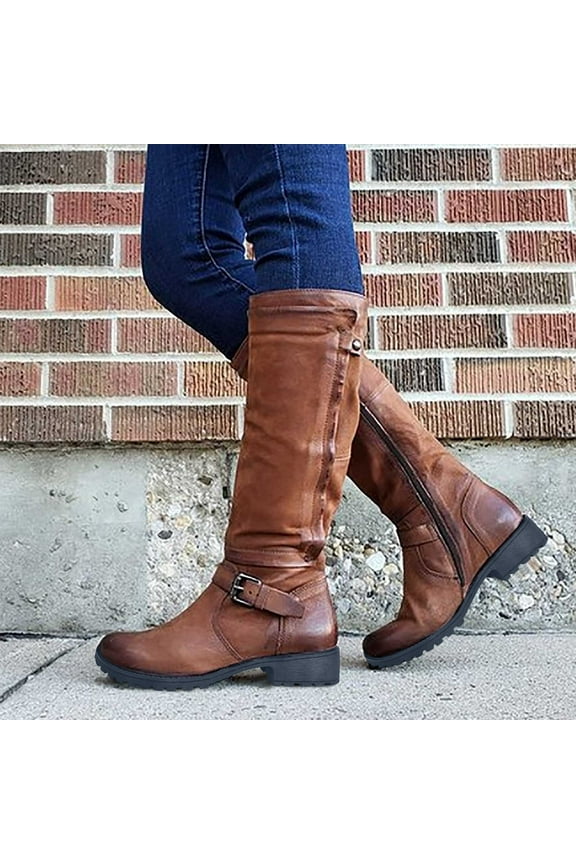 2025 Long Boots for Women Pointed Toe Fall Faux Leather Low Heel Boots Fashion Comfortable Shoes with Side Zipper Brown 43