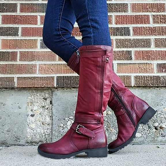 BLTIBY 2025 Long Boots for Women Pointed Toe Fall Faux Leather Low Heel Boots Fashion Comfortable Shoes with Side Zipper Red 41