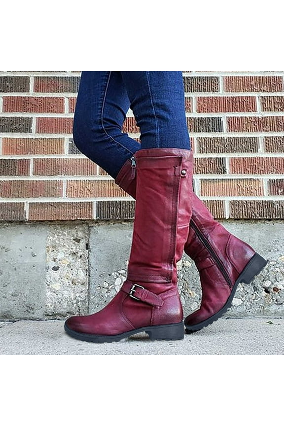 2025 Long Boots for Women Pointed Toe Fall Faux Leather Low Heel Boots Fashion Comfortable Shoes with Side Zipper Red 43