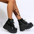 thumbnail image 1 of BLTIBY 2025 Low Boots for Women Round Toe Lace Up Boot Chunky Thick Heel Dress Fashion Boots Glossy Flat Shoes Black 38, 1 of 8