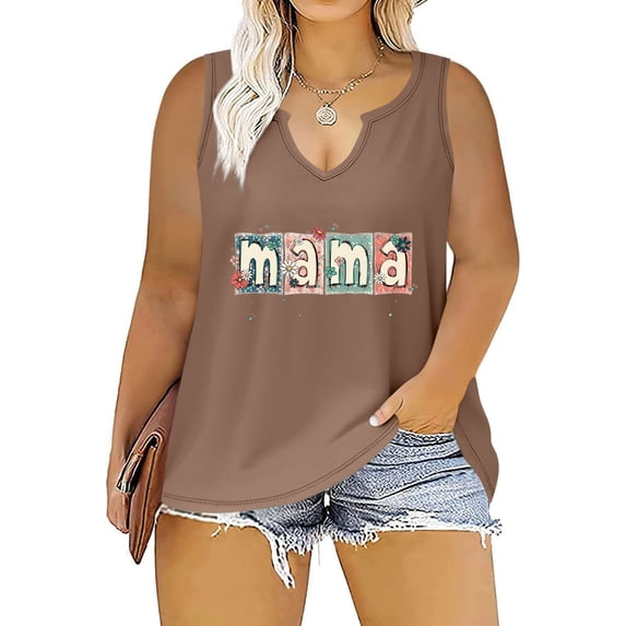 BLTIBY 2025 Mama Shirts for Women Mothers Day Mommy Mom Graphic Sleeveless V Neck T Shirts Casual Pullover Tops Tee Gifts Khaki 2 M