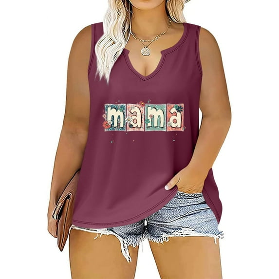 BLTIBY 2025 Mama Shirts for Women Mothers Day Mommy Mom Graphic Sleeveless V Neck T Shirts Casual Pullover Tops Tee Gifts Wine 2 3XL