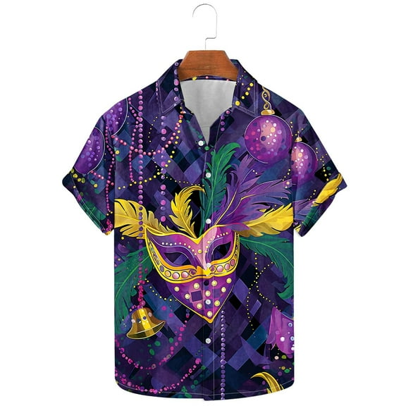 BLTIBY 2025 Mardi Gras Carnival Shirts for Men Printed Summer Short Sleeve Casual Button Down Shirt Fashion Casual Tops Multicolor 2 XL