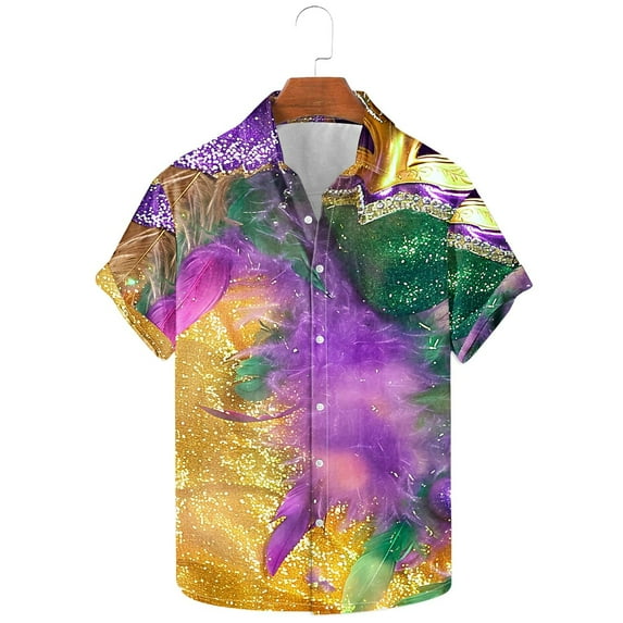 BLTIBY 2025 Mardi Gras Carnival Shirts for Men Printed Summer Short Sleeve Casual Button Down Shirt Fashion Casual Tops Multicolor 3 S