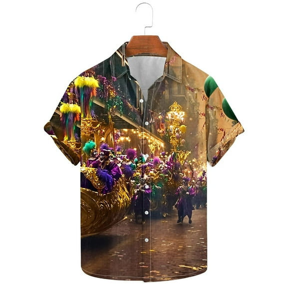 BLTIBY 2025 Mardi Gras Carnival Shirts for Men Printed Summer Short Sleeve Casual Button Down Shirt Fashion Casual Tops Multicolor 4 3XL