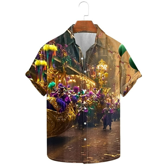 BLTIBY 2025 Mardi Gras Carnival Shirts for Men Printed Summer Short Sleeve Casual Button Down Shirt Fashion Casual Tops Multicolor 4 XL