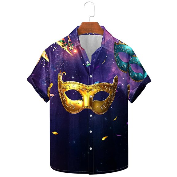 BLTIBY 2025 Mardi Gras Carnival Shirts for Men Printed Summer Short Sleeve Casual Button Down Shirt Fashion Casual Tops Multicolor 5 5XL
