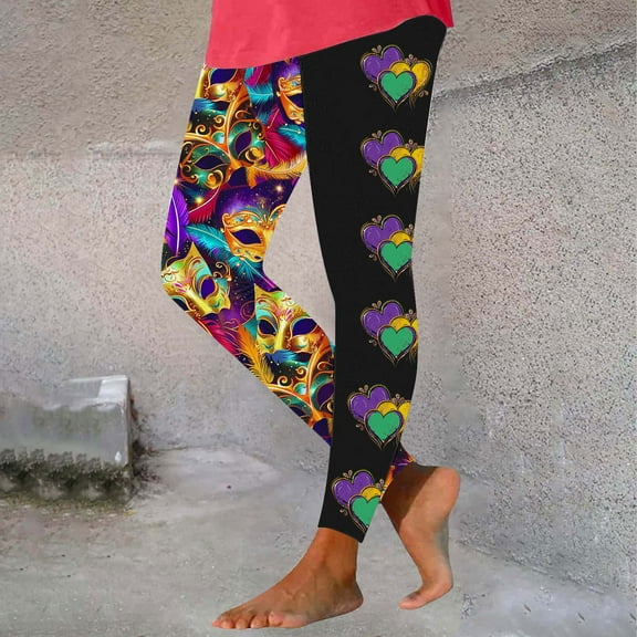 BLTIBY 2025 Mardi Gras Leggings for Women Carnival Printed Casual Yoga Pants Tummy Control Elastic Butt Lift Comfortable Lounge Trousers Multicolor 5 M