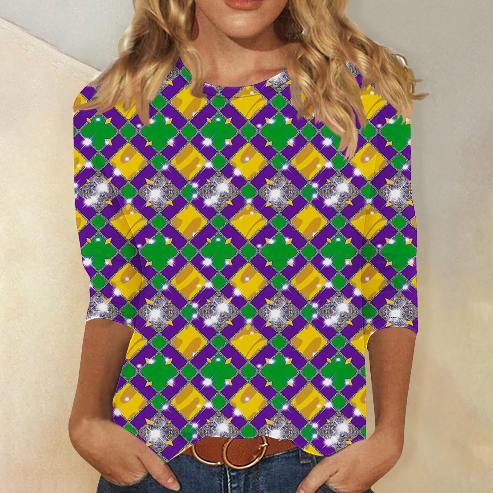 Binmer Women's Mardi Gras Shirt - Fun Mask & Beads Graphic 3/4 Sleeve Tee For Fat Tuesday, Carnival Party & Parades (Plus Sizes Available)