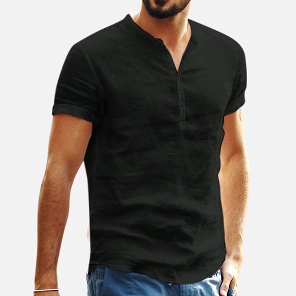 BLTIBY 2025 Men's Cotton Linen Button Up Shirts Summer Solid Color Short Sleeve Blouse Fashion Lightweight Tops Black S