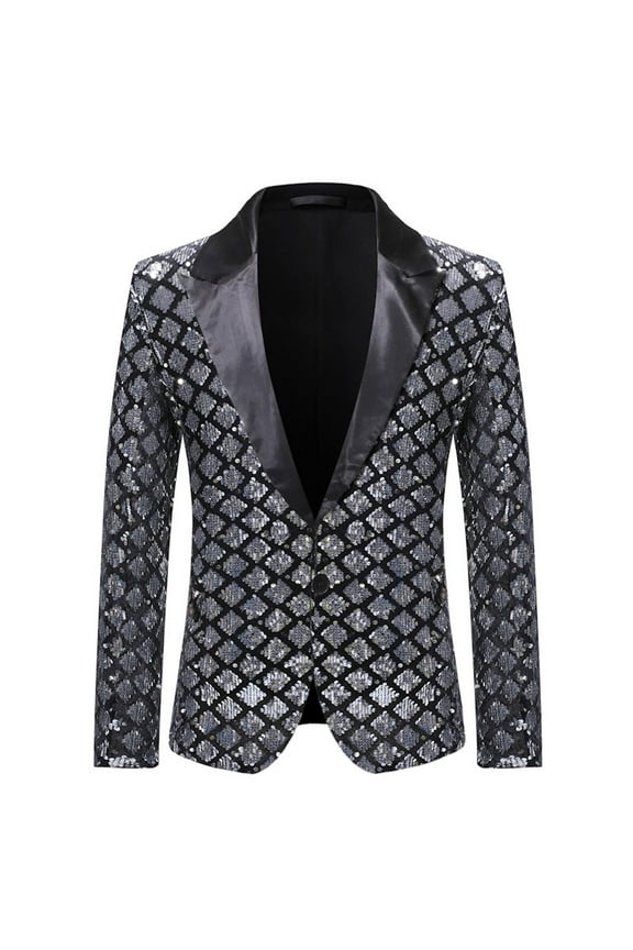 2025 Mens Casual Sequin Blazer Sport Coats Dress One Button Formal Classic Suit Jacket Business Blazers Wedding Party Jackets with Pockets Silver XL