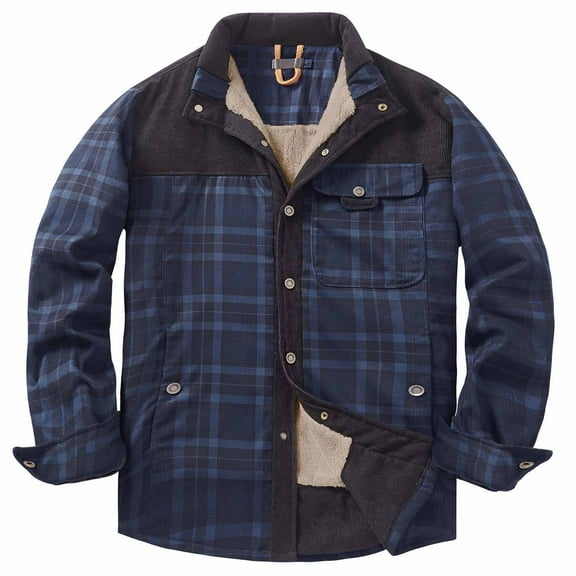 BLTIBY 2025 Mens Flannel Fleece Shirt Jacket Fall Winter Plaid Printed Thicked Long Sleeve Coat Button Down Thick Outwear with Pockets Dark Blue XL