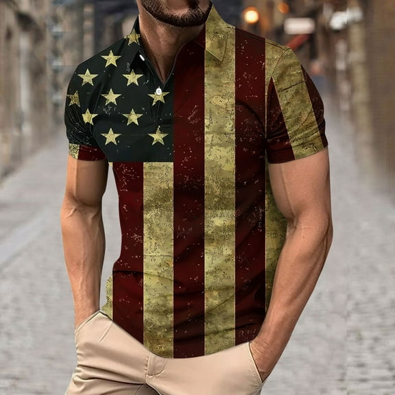 BLTIBY 2025 Mens T-Shirt Summer Independence Day Printed Lapel Short Sleeve Beach Blouse Fashion Casual Lightweight Pullover Tops Khaki 3 3XL