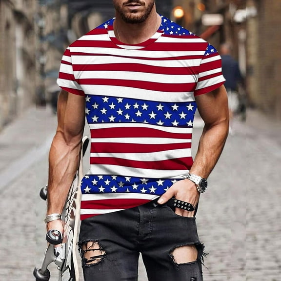 BLTIBY 2025 Mens T-Shirt Summer Independence Day Printed Short Sleeve Round Neck Beach Blouse Fashion Lightweight Casual Pullover Tops Pink 3XL