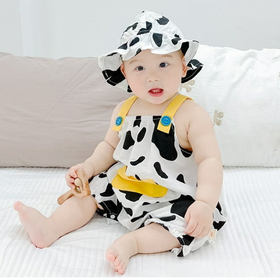 BLTIBY 2025 Newborn Baby Girl Boy Summer Romper Printed Sleeveless Overalls Outfits Infant Fashion Bodysuit with Hat White 18-24 Months