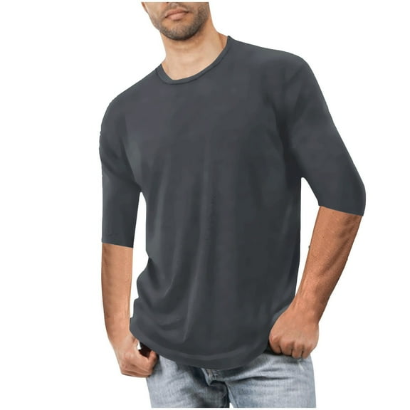 BLTIBY 2025 Shirts for Men Spring Fall Solid Colour Five-minute Sleeve Top Sleeve Round Neck Shirt Casual Loose Fit Pullover Top Gray 4XL