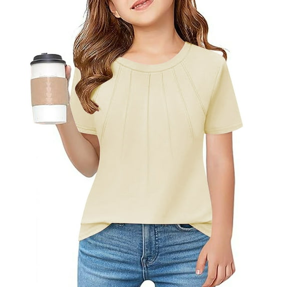 BLTIBY 2025 Short Sleeve Tops for Girls Summer Round Neck Solid Color Pleated T-Shirt Trendy Lightweight Pullover Blouse Beige 13-14 Years