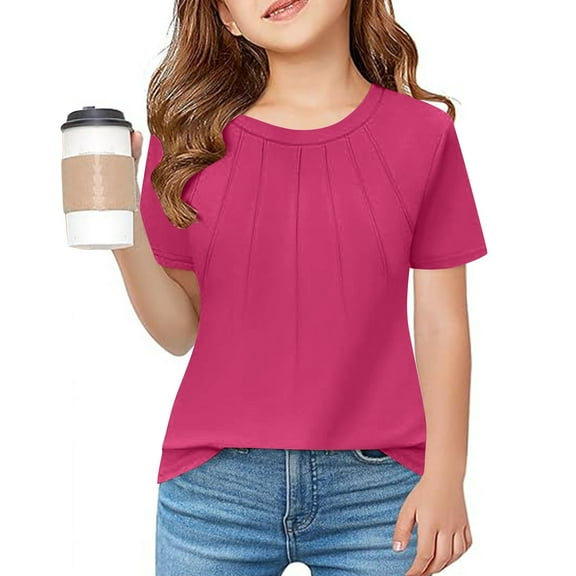 BLTIBY 2025 Short Sleeve Tops for Girls Summer Round Neck Solid Color Pleated T-Shirt Trendy Lightweight Pullover Blouse Hot Pink 5-6 Years
