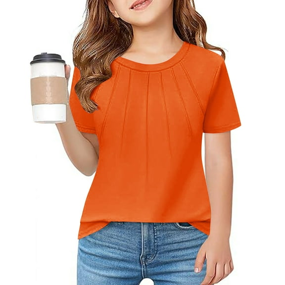 BLTIBY 2025 Short Sleeve Tops for Girls Summer Round Neck Solid Color Pleated T-Shirt Trendy Lightweight Pullover Blouse Orange 5-6 Years