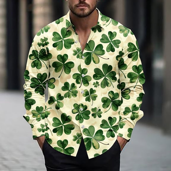 BLTIBY 2025 St. Patrick's Day Shirt for Men Button Down Irish Shamrock Printed Long Sleeve Lapel Shirts Casual Loose Fit Tops Green 7 XXL