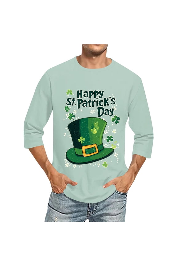 2025 St. Patrick's Day Shirt for Men Irish Shamrock Printed 3/4 Sleeve Round Neck Shirts Casual Loose Fit Pullover Top Green XXL
