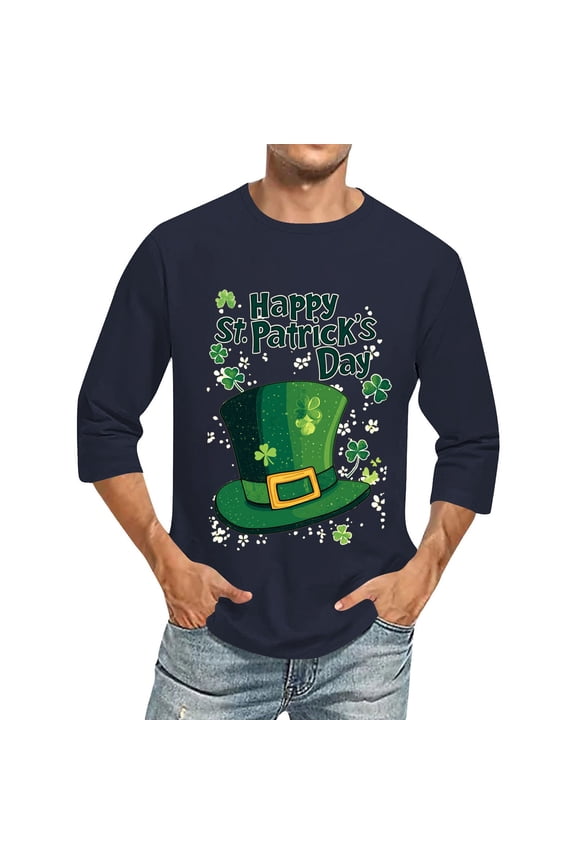 2025 St. Patrick's Day Shirt for Men Irish Shamrock Printed 3/4 Sleeve Round Neck Shirts Casual Loose Fit Pullover Top Navy M