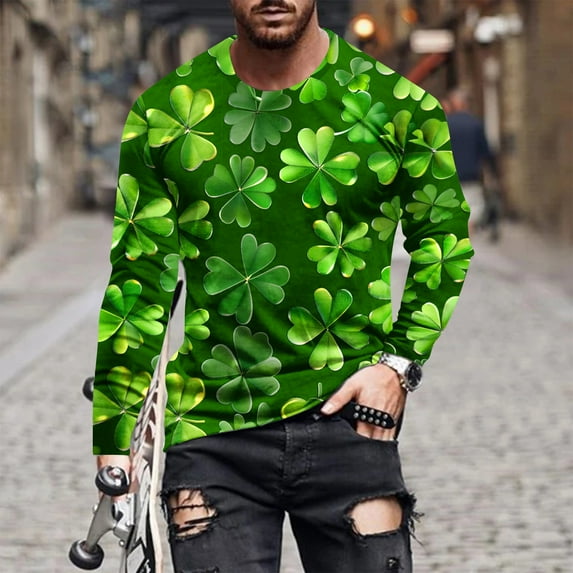 BLTIBY 2025 St. Patrick's Day Shirt for Men Irish Shamrock Printed Long Sleeve Lapel Shirts Casual Loose Fit Top Green 2 XXL