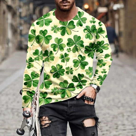 BLTIBY 2025 St. Patrick's Day Shirt for Men Irish Shamrock Printed Long Sleeve Lapel Shirts Casual Loose Fit Top Green XXL