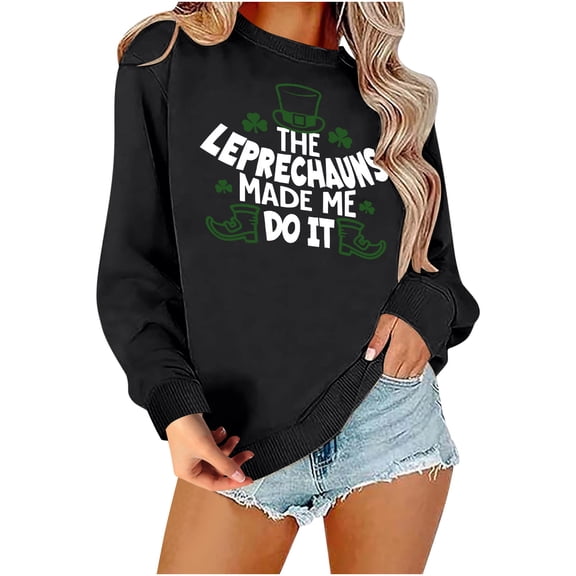 BLTIBY 2025 St. Patrick's Day Sweatshirt for Women Lucky Shamrock Printed Long Sleeve Round Neck Irish Shirt Ireland Fashion Pullover Tops Black 2 XS