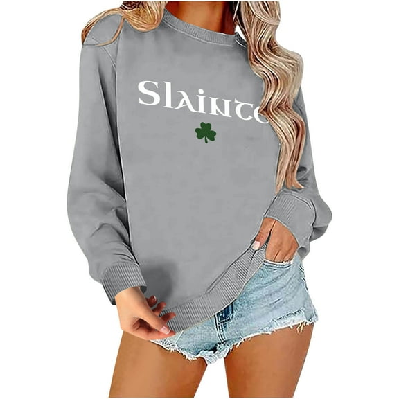 BLTIBY 2025 St. Patrick's Day Sweatshirt for Women Lucky Shamrock Printed Long Sleeve Round Neck Irish Shirt Ireland Fashion Pullover Tops Gray XS