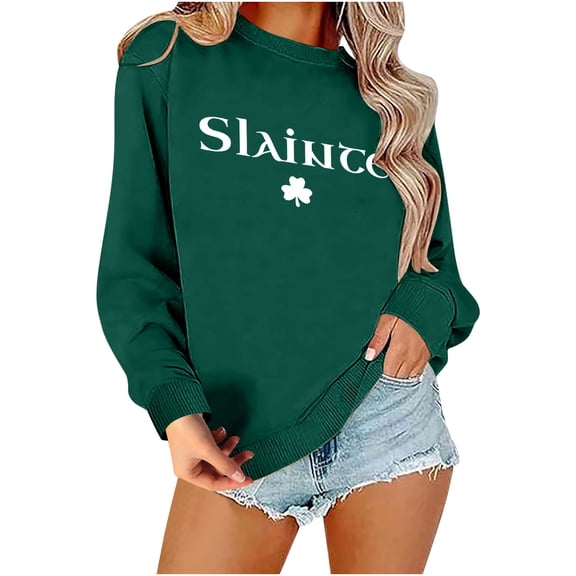 BLTIBY 2025 St. Patrick's Day Sweatshirt for Women Lucky Shamrock Printed Long Sleeve Round Neck Irish Shirt Ireland Fashion Pullover Tops Green XS