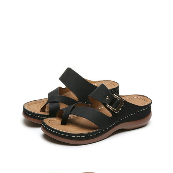 BLTIBY 2025 Summer Sandals for Women Orthopedic Sandals Vintage Flat Sandals Comfortable Ring Toe Slippers Beach Shoes Black 36