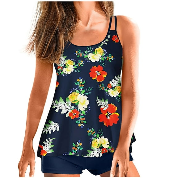 BLTIBY 2025 Tankini Swimsuits for Women 2 Piece Bathing Suits Tops with Boyshorts Printed Sleeveless Strap Loose Fit Swimwear Black M