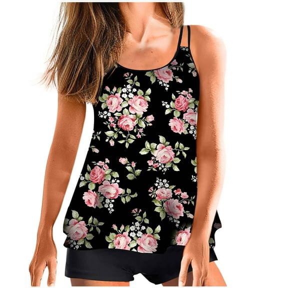BLTIBY 2025 Tankini Swimsuits for Women 2 Piece Bathing Suits Tops with Boyshorts Printed Sleeveless Strap Loose Fit Swimwear Black XXL