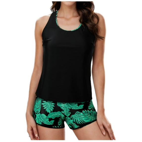 BLTIBY 2025 Tankini Swimsuits for Women Two Piece Bathing Suits Ladies Printed Tank Top with Shorts Strappy Back Sets Swimdress Swimsuit Black 2 XL