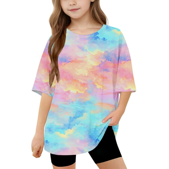 BLTIBY 2025 Toddler Girls Boys T-shirt Summer Round Neck Tie Dye Printed Short Sleeve Tee Kids Loose Fashion Pullover Tops Multicolor 12-13 Years