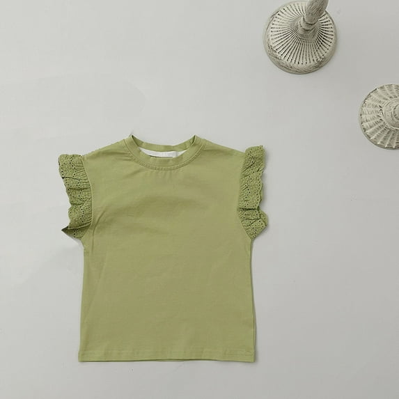 BLTIBY 2025 Toddler Girls T-shirt Summer Ruffle Sleeve Short Sleeve Solid Color Lace Tee Kids Round Neck Casual Fashion Pullover Tops Green 4-5 Years